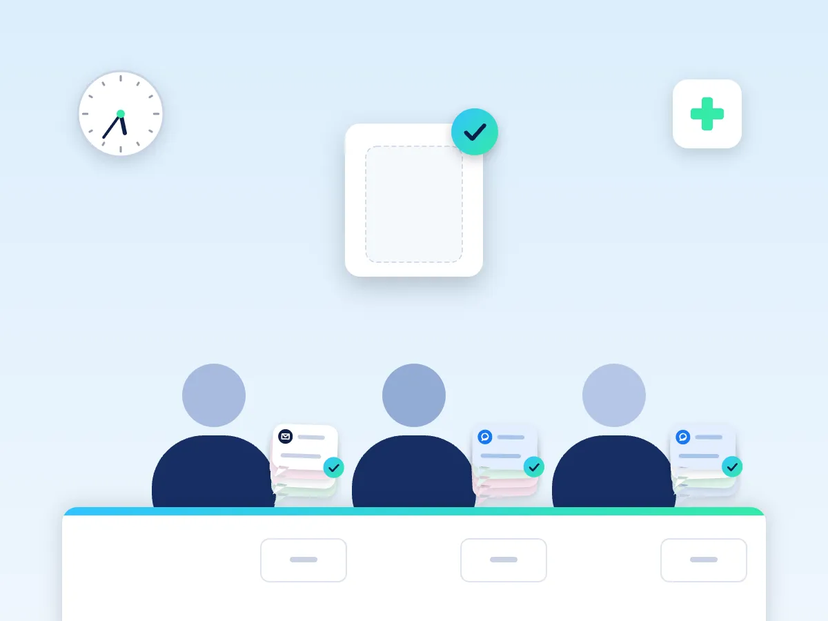 Animation: patient messages from WhatsApp, Instagram, Facebook and email arrive from every side and land in one shared tray above a clinic front desk. Three staff take turns picking up the next message, and each one is ticked and filed. By evening the tray is empty, a check mark appears and the three piles are even.
