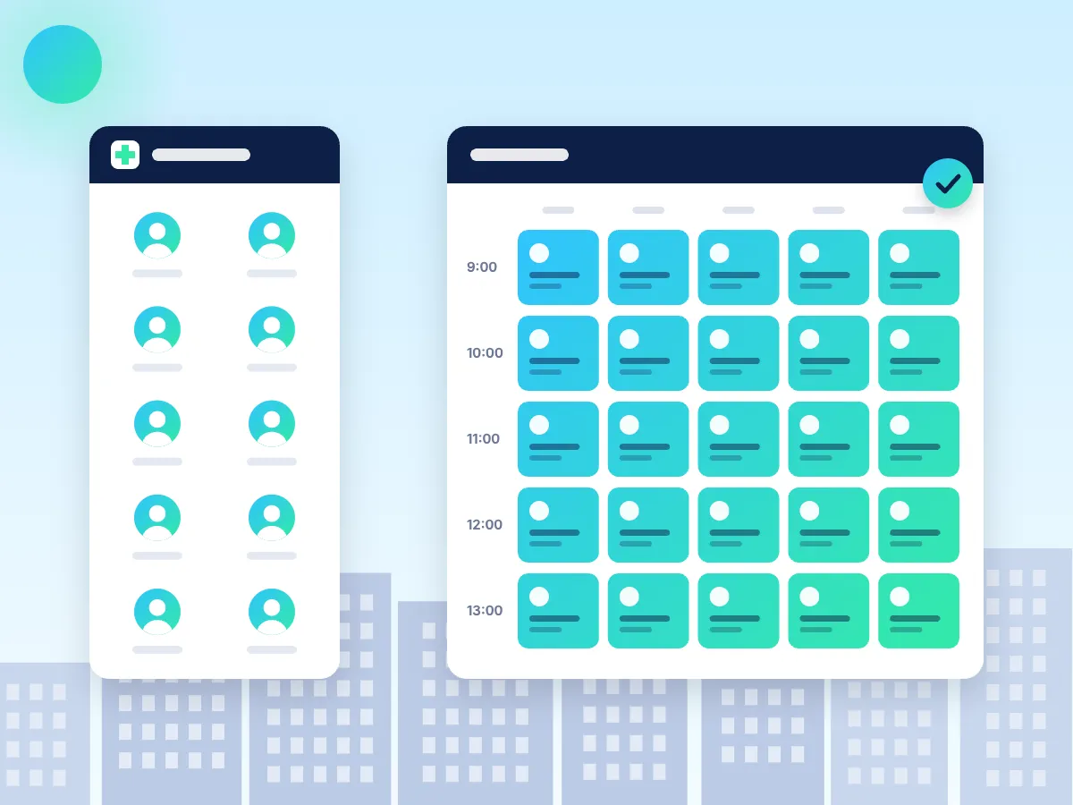 Animation: grey patient avatars on a clinic's patient list turn colour one by one and move into open slots in a week's appointment diary. One booking is cancelled and another patient from the list takes the slot straight away. The week fills and a check mark appears.