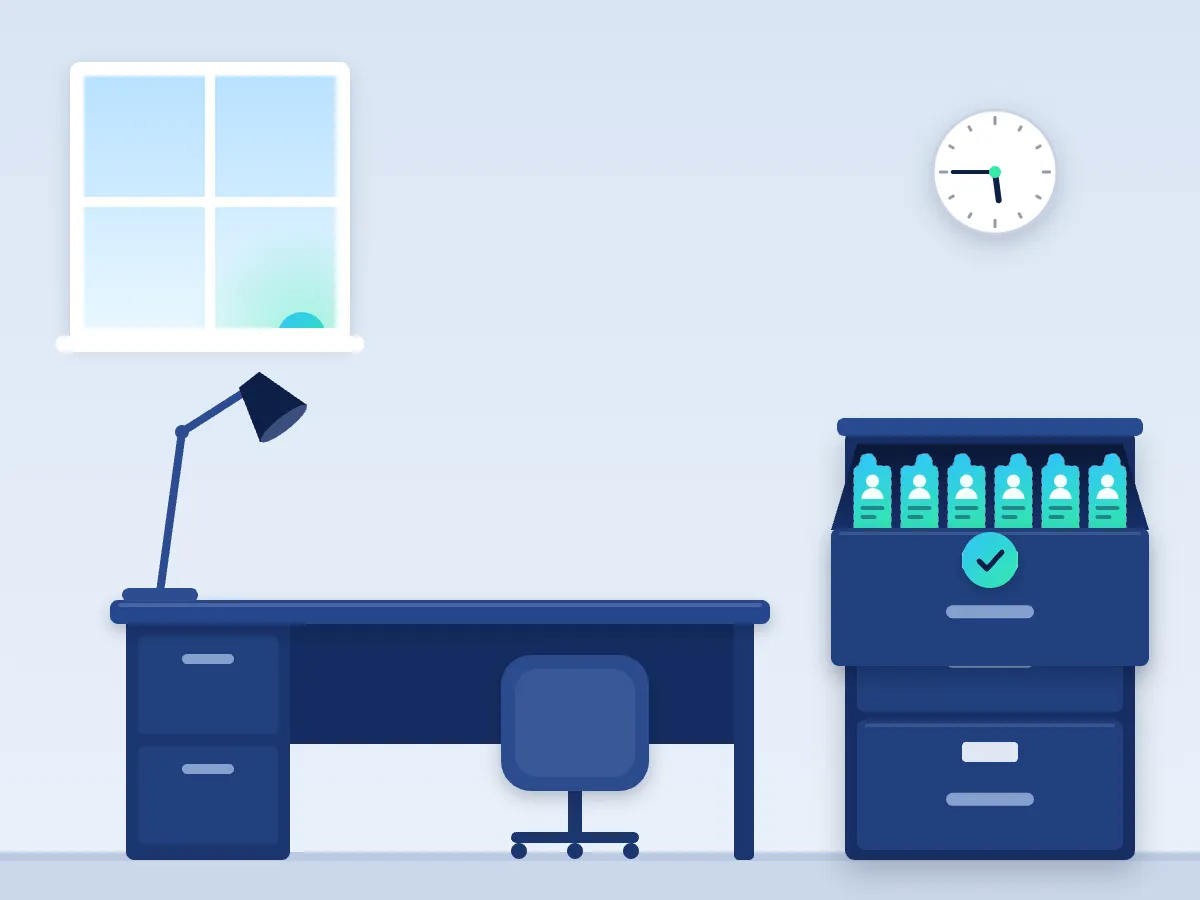 Animation: late afternoon at a clinic's admin desk with a tall pile of letters, forms and a lab report. One page at a time is scanned, its key fields get a tick and fly into a patient folder in a filing drawer. Before six the desk is clear, the drawer is full and marked with a check, and the lamp goes off.