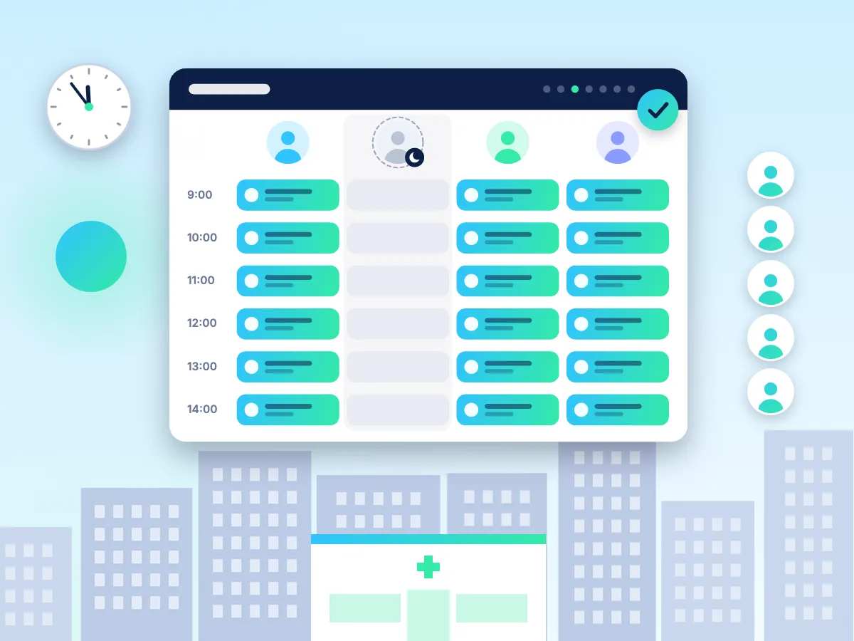 Animation: at 7:00 on a clinic roster, one clinician is marked away and their bookings turn grey. Free slots in colleagues' columns light up and each booking moves into one of them. As each lands, a patient icon changes colour to show the patient has been told. A check mark appears and the clinic opens for the day.