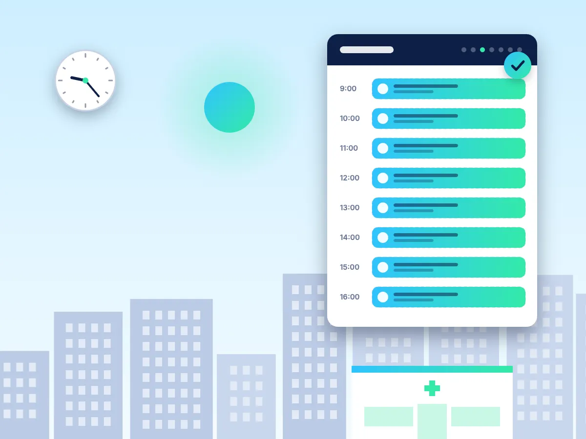 Animation: at night, lights in apartment windows travel to an empty appointment diary and fill it slot by slot. By sunrise every slot is booked and the clinic opens.