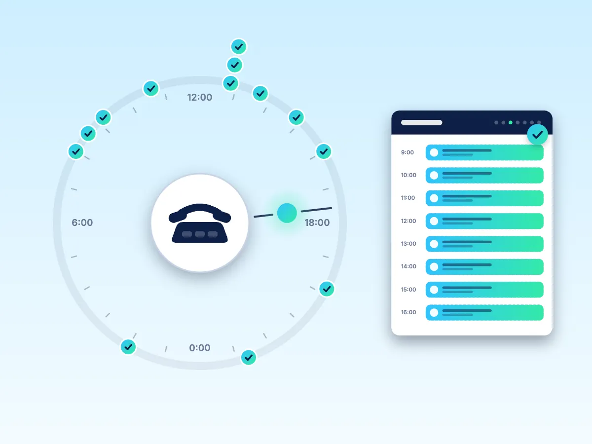 Animation: a desk phone sits at the centre of a 24-hour clock as the sky turns from night to day and back. Calls appear around the clock face at their hour and each turns into a check, including three at lunchtime. Some calls fill slots in an appointment diary until it is full.